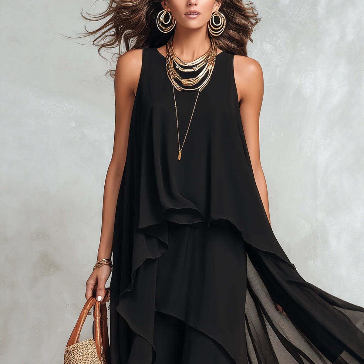 Black asymmetrical ruffle mesh chiffon sleeveless maxi dress by Plush Fashion Hub, available in XS to XXL, casualwear style.