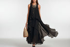 Black asymmetrical ruffle mesh chiffon sleeveless maxi dress by Plush Fashion Hub, available in XS to XXL sizes.
