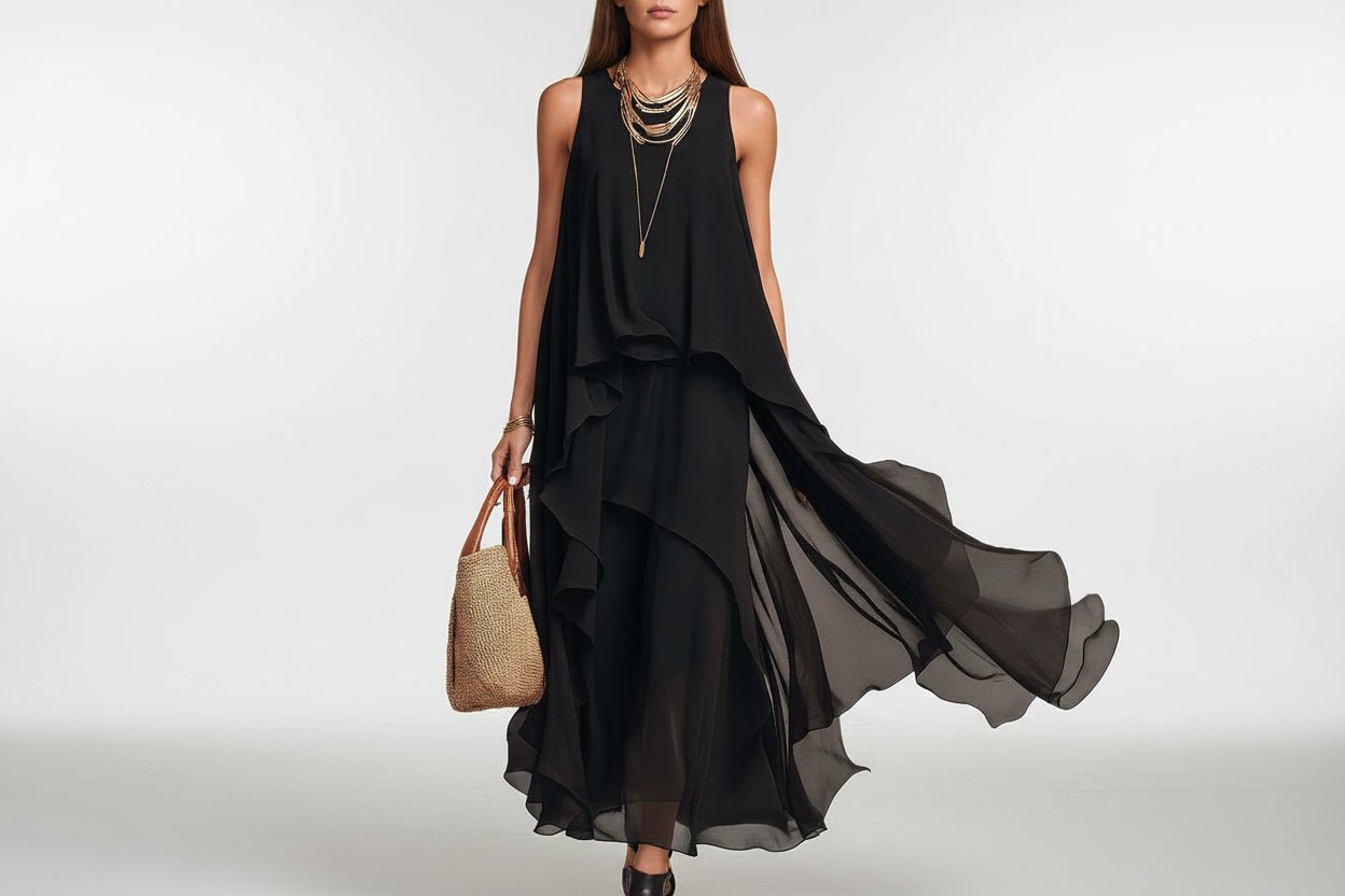 Black asymmetrical ruffle mesh chiffon sleeveless maxi dress by Plush Fashion Hub, available in XS to XXL sizes.