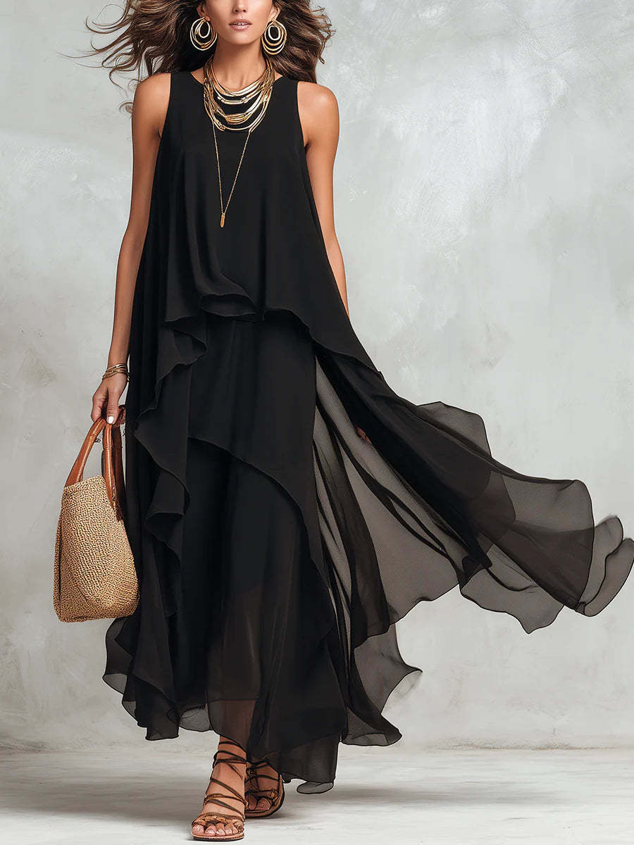 Black asymmetrical ruffle mesh chiffon sleeveless maxi dress by Plush Fashion Hub, available in XS to XXL, casualwear style.