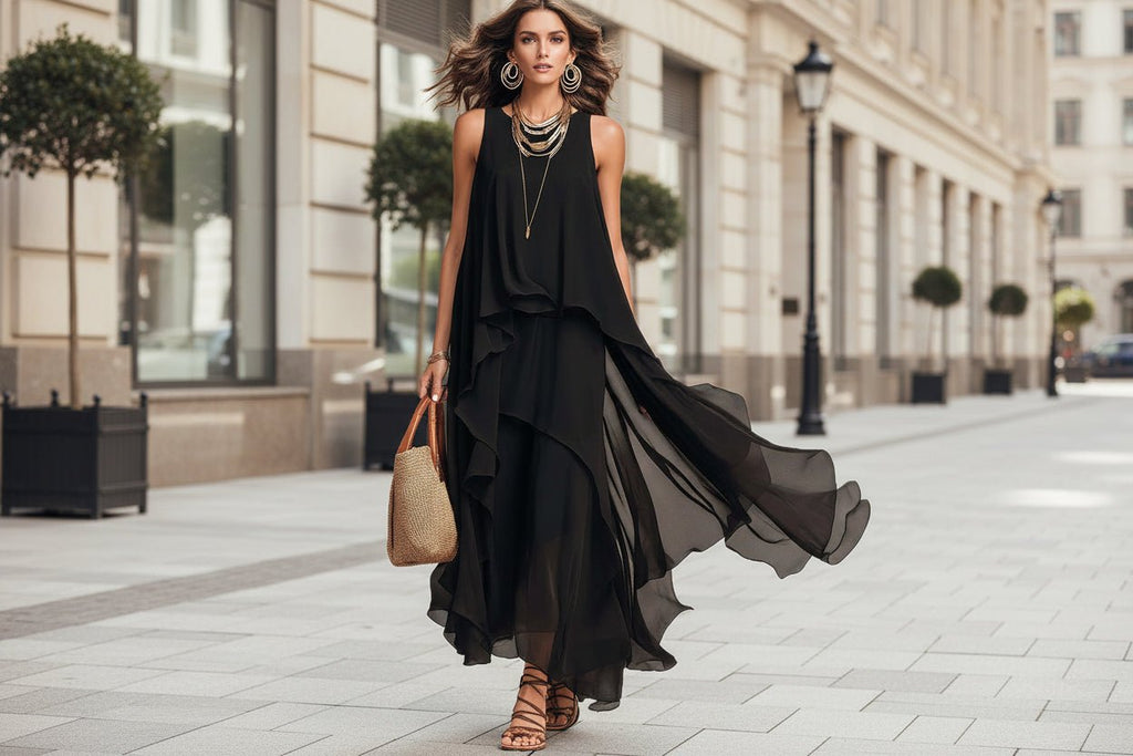 Black asymmetrical ruffle mesh chiffon sleeveless maxi dress by Plush Fashion Hub, casualwear, available in XS to XXL sizes.
