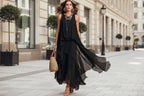 Black asymmetrical ruffle mesh chiffon sleeveless maxi dress by Plush Fashion Hub, casualwear, available in XS to XXL sizes.