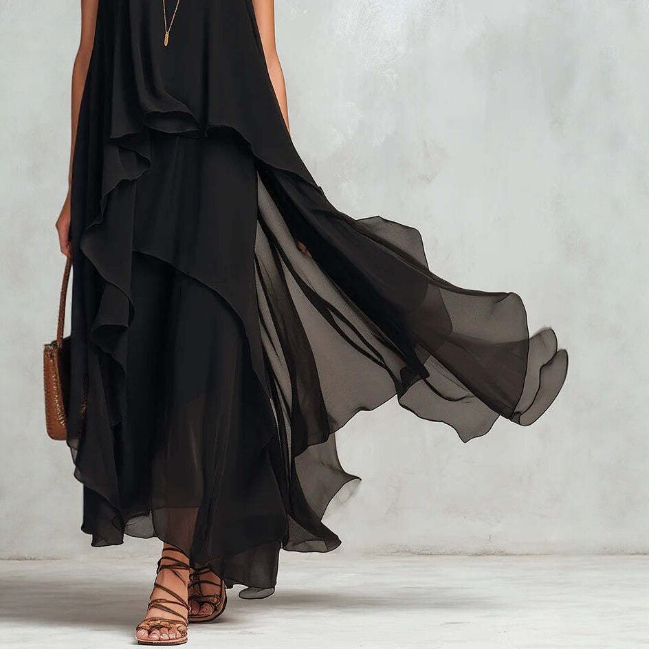 Black asymmetrical ruffle mesh chiffon sleeveless maxi dress by Plush Fashion Hub, available in XS to XXL sizes.