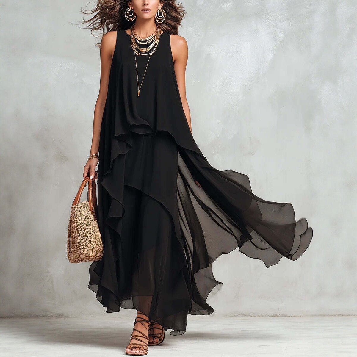 Black asymmetrical ruffle mesh chiffon sleeveless maxi dress by Plush Fashion Hub, available in XS to XXL sizes.