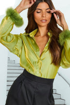 Bella Mia autumn fluorescent fluff sleeve collared shirt with feather sleeves, stylish women’s top featuring vibrant colors and unique design.