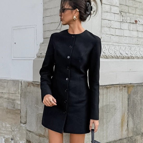 Elegant Bella Mia long blazer dress with round neck, long sleeves, slim fit, and A-line silhouette for women in autumn style.