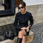 Elegant Bella Mia women’s autumn niche design A-line dress with round neck, long sleeves, waist-tight fit, and long blazer style.