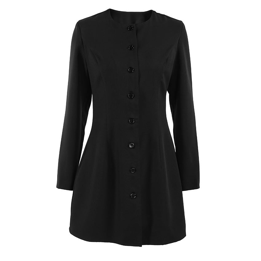 Elegant Bella Mia autumn niche design long sleeve A-line dress with round neck, slim fit, and long blazer style for women.