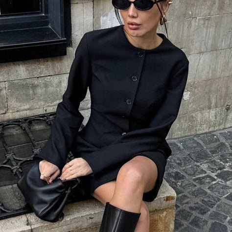 Elegant Bella Mia autumn niche design long sleeve A-line dress with a round neck, slim fit, and long blazer for women.