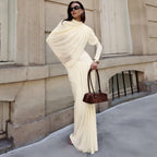 Elegant Bella Mia long sleeve pleated dress for women with solid color, round neckline, waist trimming, perfect for autumn winter.