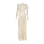 Elegant Bella Mia women's long sleeve pleated dress with solid color, round neck, and waist trimming for autumn and winter.