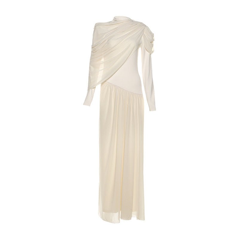 Elegant Bella Mia women's long sleeve pleated dress with solid color, round neck, and waist trimming for autumn and winter.