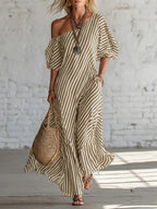 Women's striped off-shoulder dress by Plush Fashion Hub, featuring a stylish design with horizontal stripes and off-shoulder neckline.