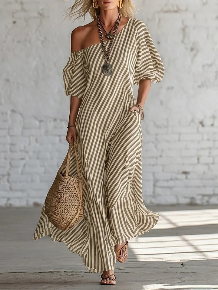 Women's striped off-shoulder dress by Plush Fashion Hub, featuring a stylish design with horizontal stripes and off-shoulder neckline.
