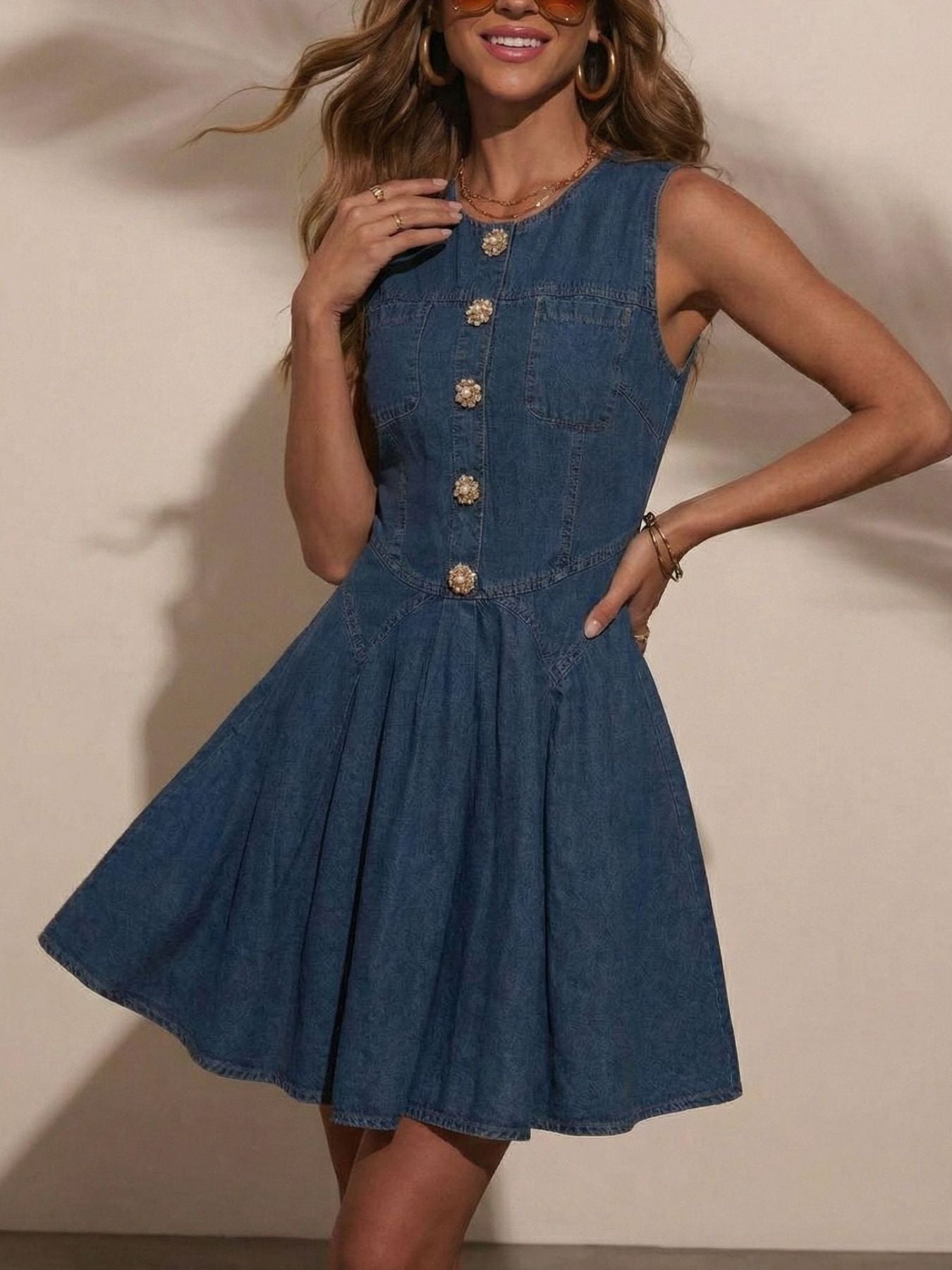 Women's sleeveless denim mini dress by Trendsi featuring a button-front design and a stretchy cotton blend fabric.