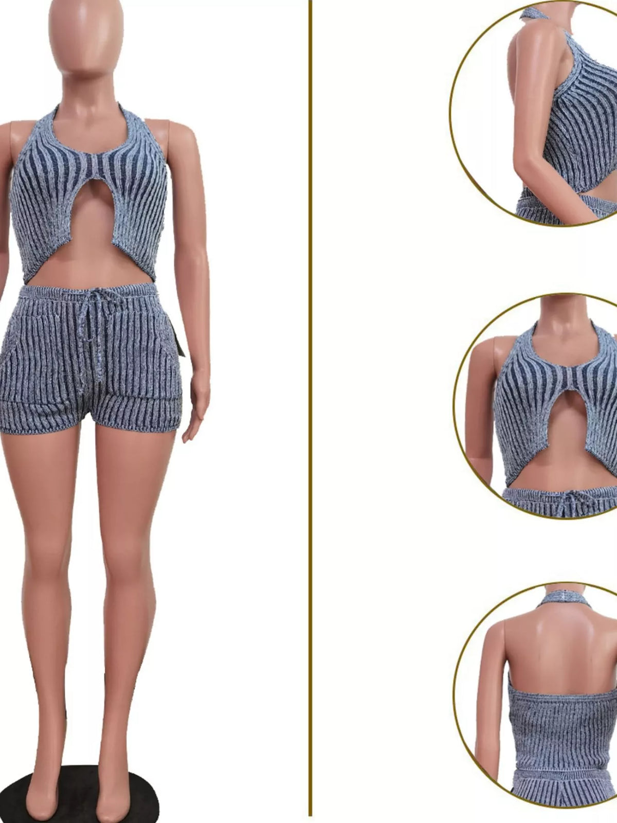 Plush Fashion Hub halter neck sweater top and matching shorts two-piece set, casual stylish outfit, front view with natural lighting.