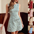 Women's FitiqueFit jacquard sleeveless midi dress with slim fit silhouette, minimalist French style, intricate woven pattern.