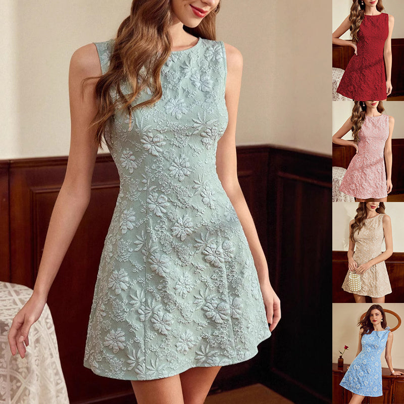 Women's FitiqueFit jacquard sleeveless midi dress with slim fit silhouette, minimalist French style, intricate woven pattern.