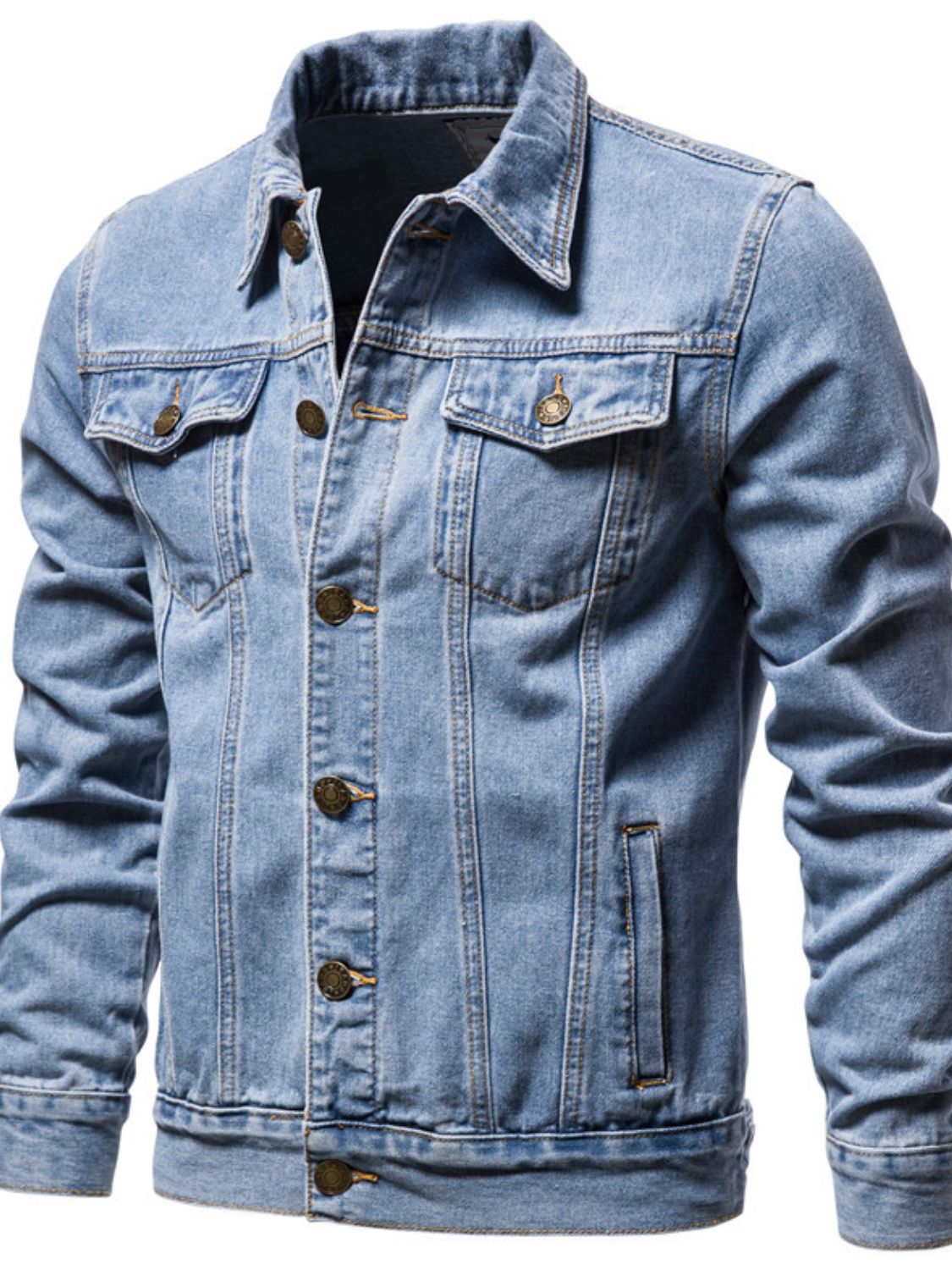 Men's long sleeve denim jacket by Plush Fashion Hub with button-down front, classic blue denim, and chest pockets.