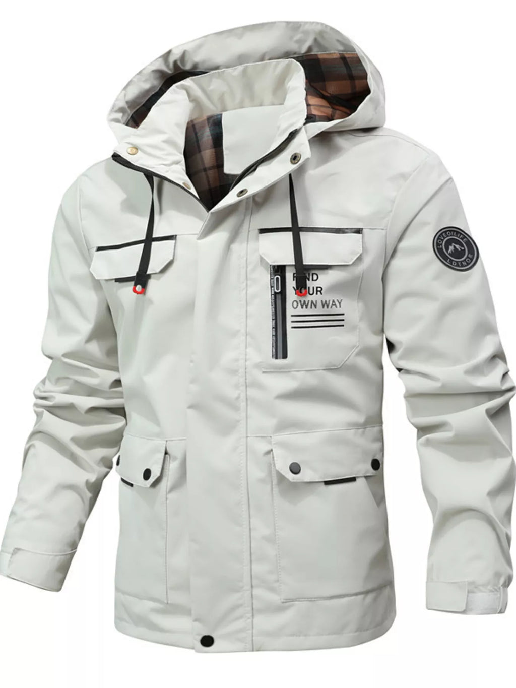 Men's plus size hooded outdoor windproof coat by Shopimist, shown with a front view and adjustable hood in a weather-resistant design.