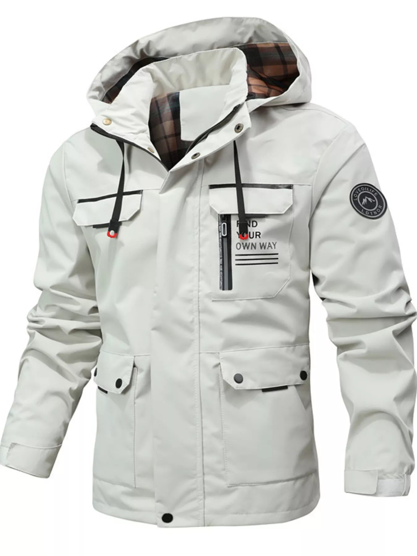 Men's plus size hooded outdoor windproof coat by Shopimist, shown with a front view and adjustable hood in a weather-resistant design.