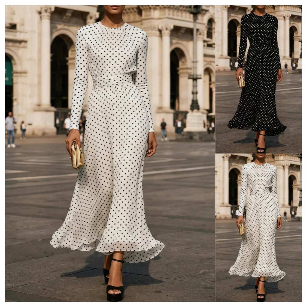Round neck long sleeve polka dot sheath dress by FitiqueFit, shown in a stylish and fitted design perfect for casual or semi-formal wear.