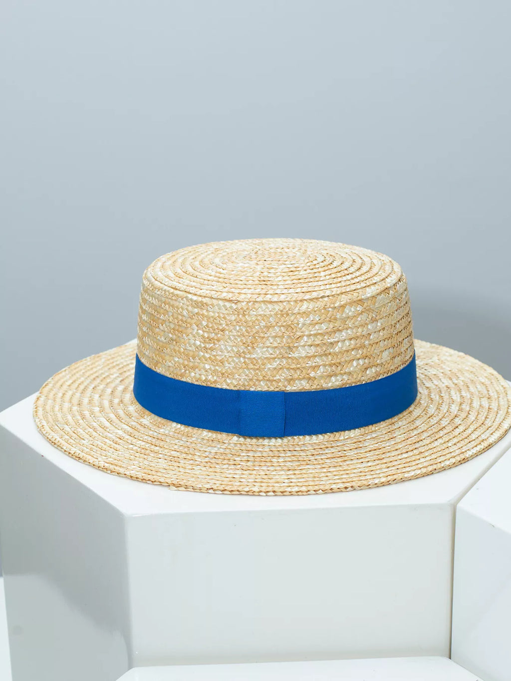 Plush Fashion Hub classic wheat straw boater hat with decorative ribbon, perfect for elegant summer fashion accessories.