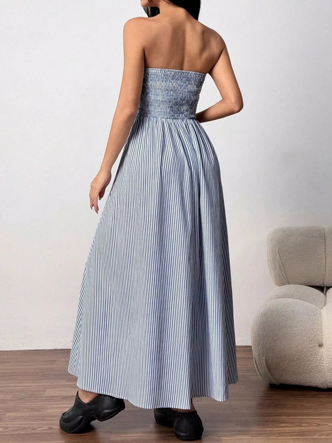 Striped strapless casual maxi dress by Simply Love, flowing fabric with bold horizontal stripes, perfect for warm weather wear.