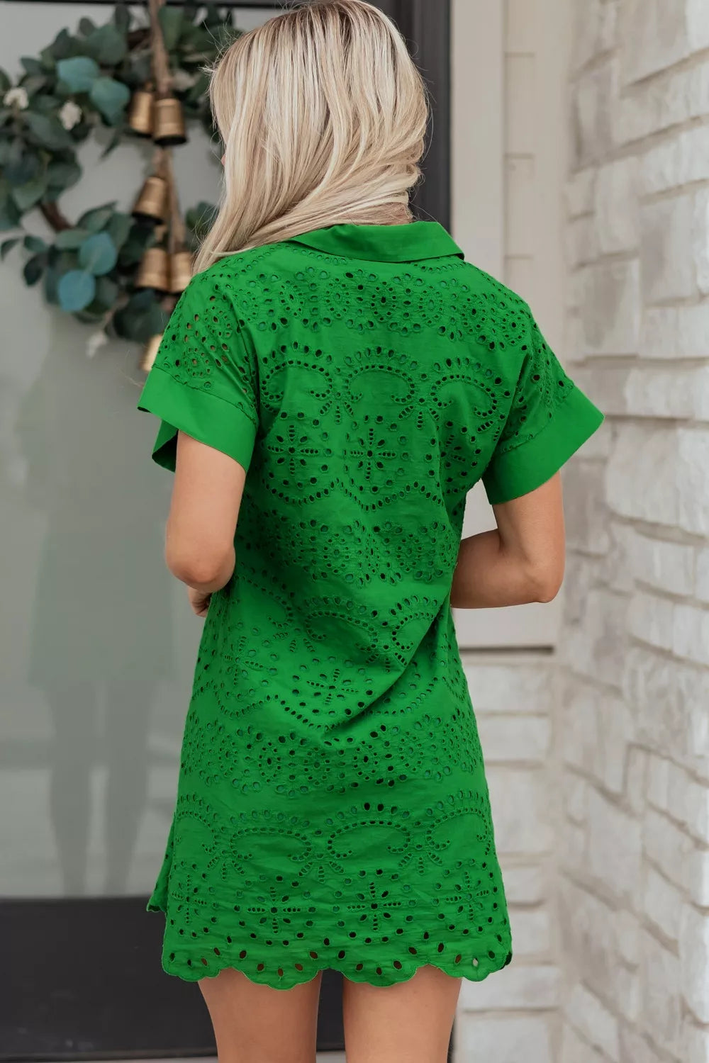 Plush Fashion Hub eyelet collared neck short sleeve dress with a fitted waist and stylish design, perfect for casual or semi-formal wear.