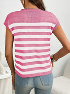 Women's striped knit cap sleeve sweater with pocket detail, featuring cozy outerwear style and trendy design from Trendsi.