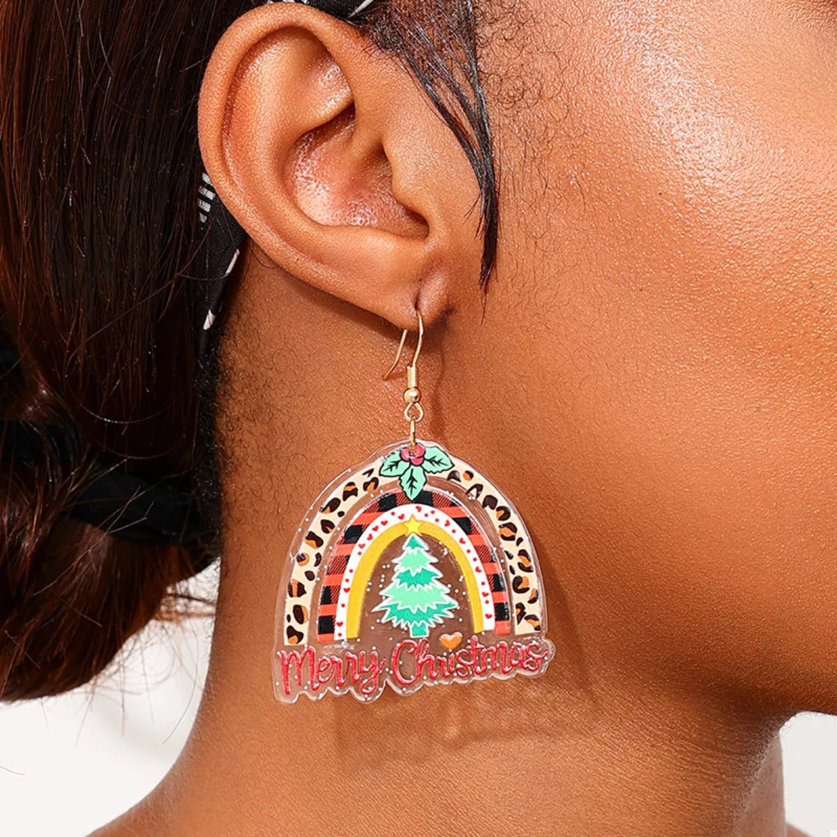 Colorful Christmas rainbow dangle earrings from Plush Fashion Hub featuring vibrant, festive jewelry with rainbow and holiday-themed design.