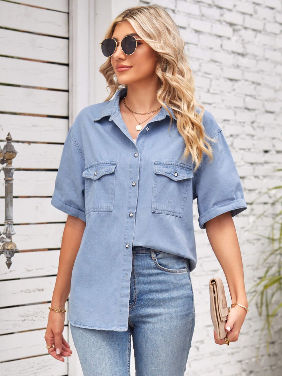 VYSN denim jacket with collared neck and short sleeves, stylish casual clothing, front view showing classic denim design