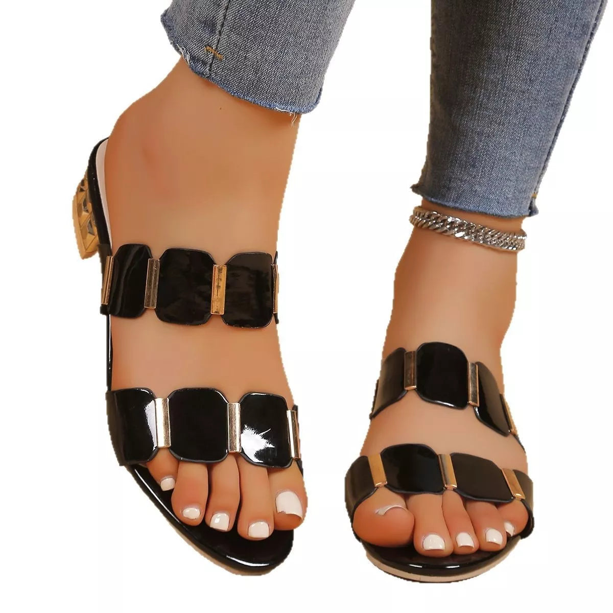 Women's open toe block heel sandals by Plush Fashion Hub, featuring a low heel and comfortable dress shoe design.