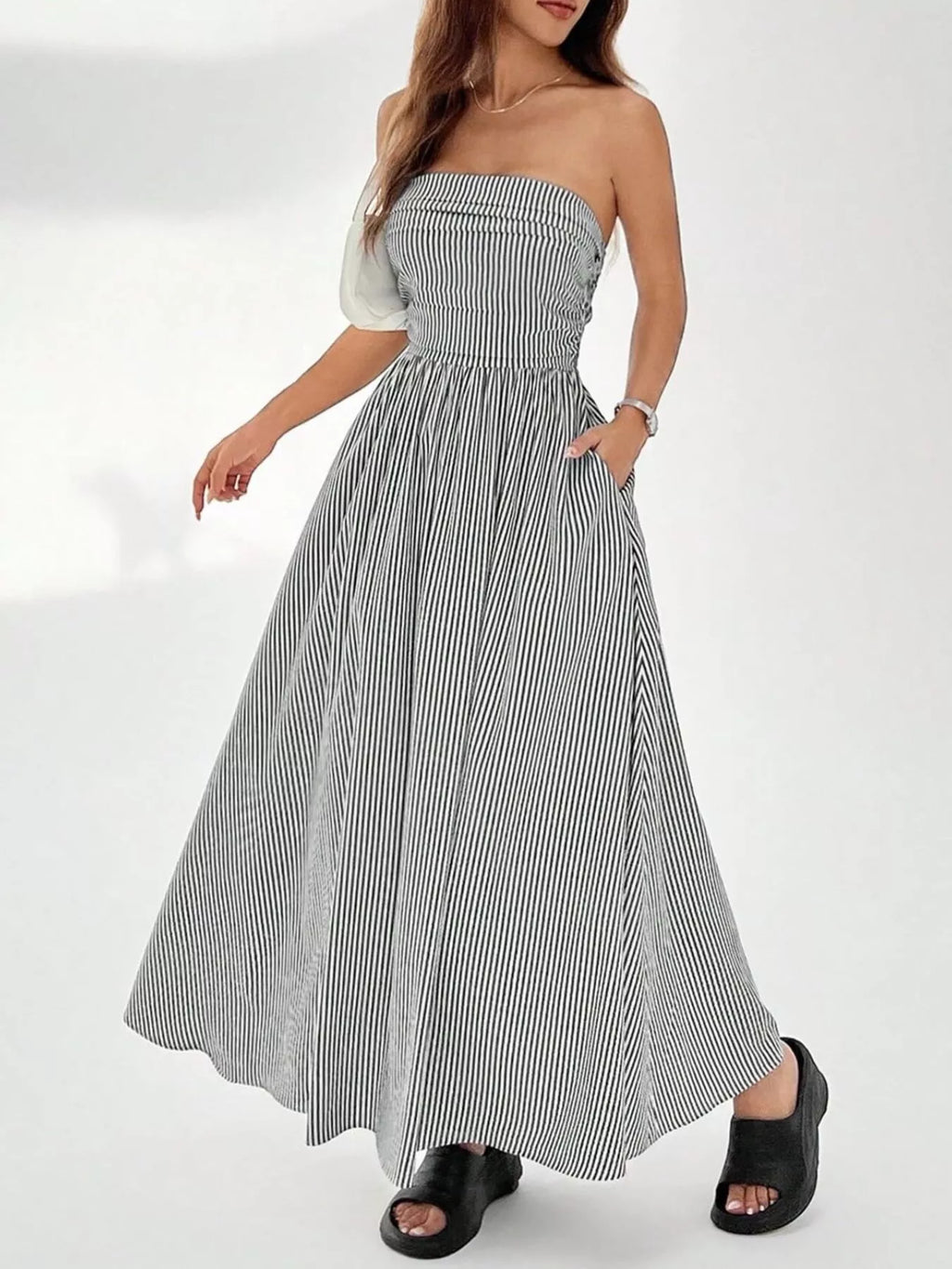 Striped strapless casual maxi dress by Simply Love, featuring a flowing design and bold horizontal stripes, perfect for summer wear.
