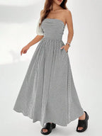 Striped strapless casual maxi dress by Simply Love, featuring a flowing design and bold horizontal stripes, perfect for summer wear.