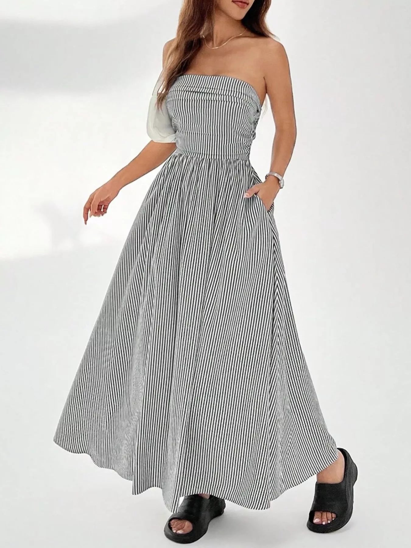 Striped strapless casual maxi dress by Simply Love, featuring a flowing design and bold horizontal stripes, perfect for summer wear.