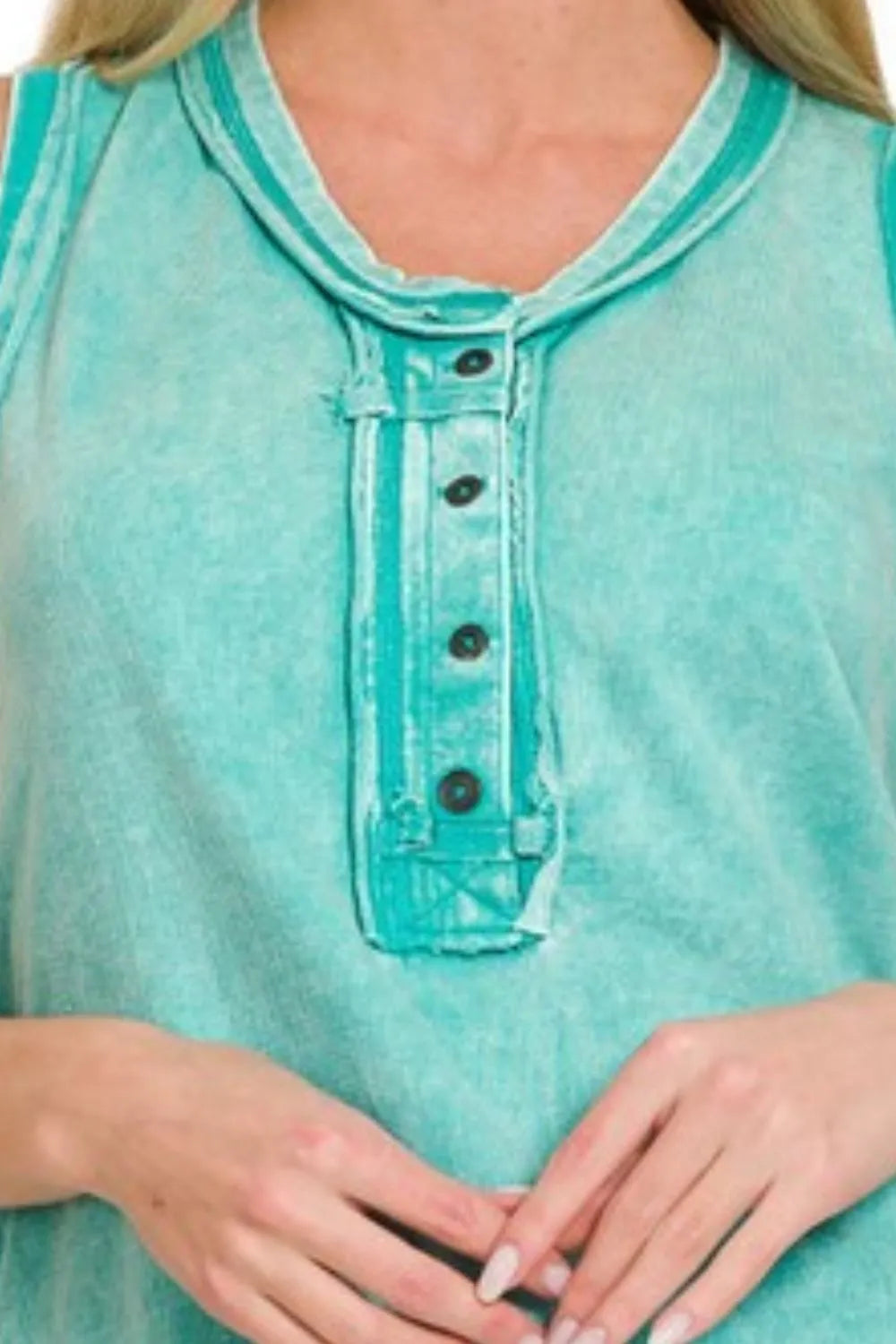 Zenana washed sleeveless Henley top with raw edge design, casualwear for women, in a relaxed fit, by FitiqueFit.