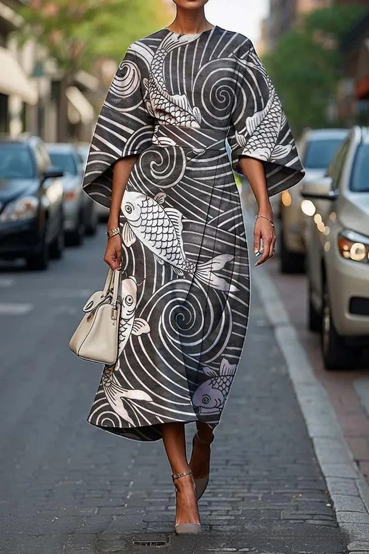 Geometric print batwing sleeve flowy maxi dress from Plush Fashion Hub, casualwear, available in XS to XXXL sizes.