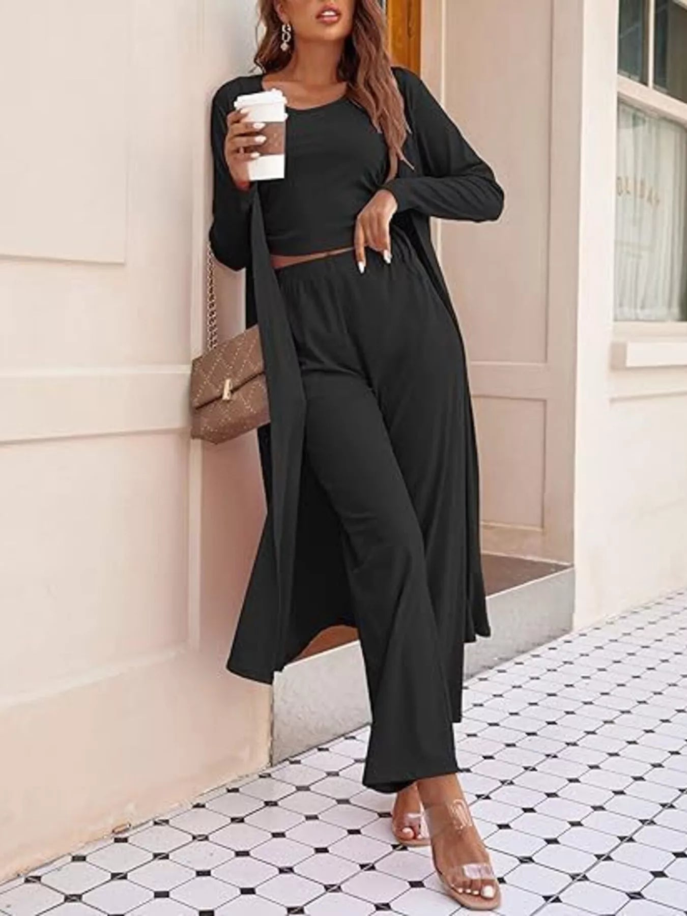 Plush Fashion Hub round neck tank cardigan and matching pants loungewear set, soft fabric, stylish and comfortable for relaxing.