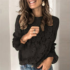 Women's long-sleeve hollow lace splicing top by Plush Fashion Hub, featuring intricate lace design and stylish long sleeves.
