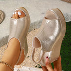 Shopimist peep toe wedge sandals with beige straps and chunky heel, perfect for summer casual wear.