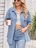 VYSN short sleeve denim jacket with collared neck, classic blue wash, casual fashion style, shown on model.