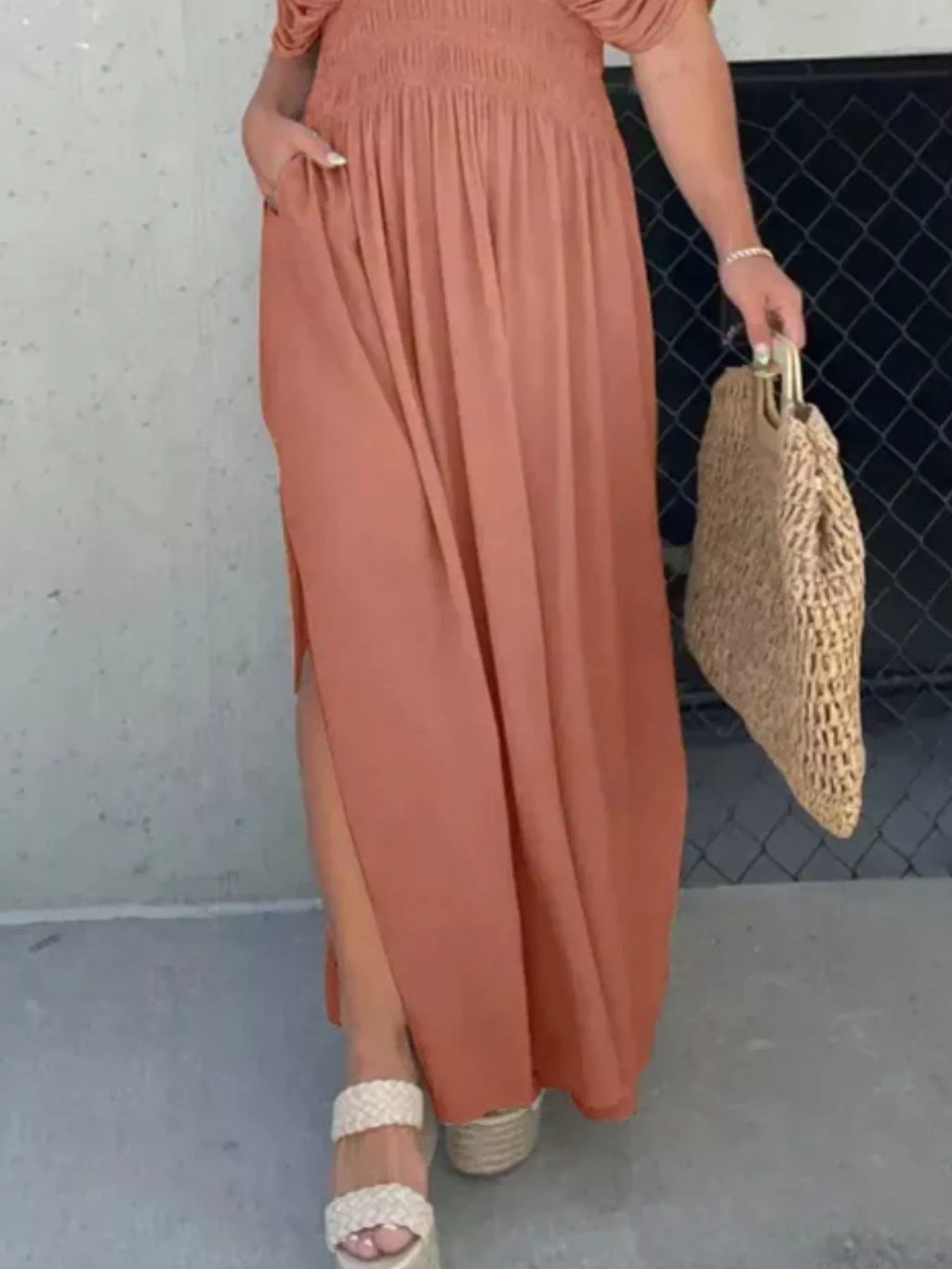 Plus size maxi dress with slit V-neck and smocked waist, trendy full-length dress by Trendsi, perfect for elegant occasions