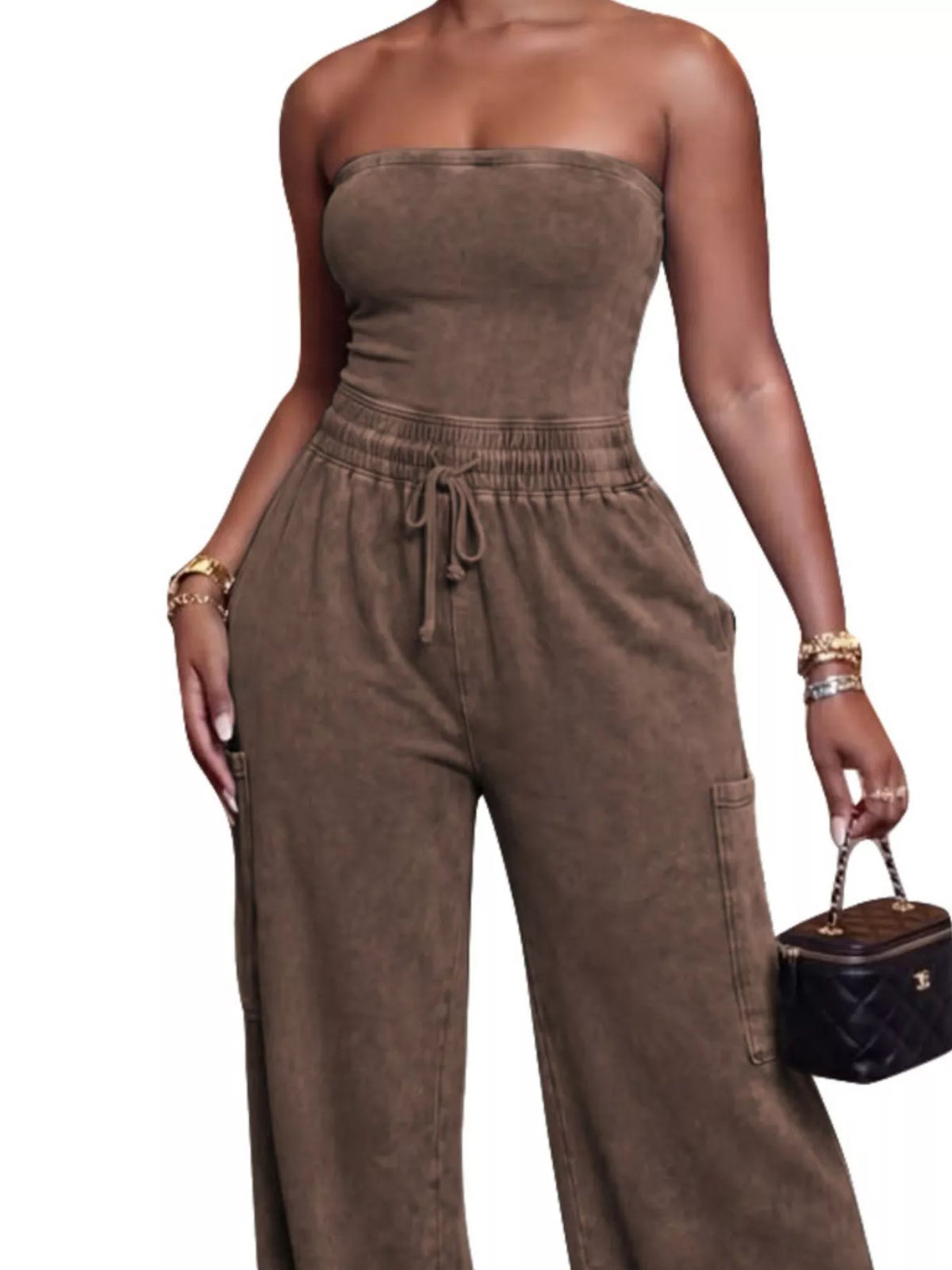 Strapless wide-leg jumpsuit with drawstring waist from Plush Fashion Hub, stylish playsuit perfect for casual or summer wear.