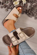 Leah Buckle Faux Suede Slippers by Threaded Pear featuring a cozy slip-on design in soft faux suede material.