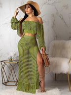 Plus size crochet off-shoulder fringe top and skirt set by Shopimist, featuring a stylish two-piece crochet outfit for women.