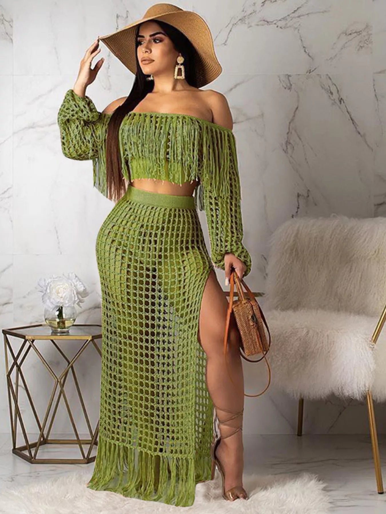 Plus size crochet off-shoulder fringe top and skirt set by Shopimist, featuring a stylish two-piece crochet outfit for women.