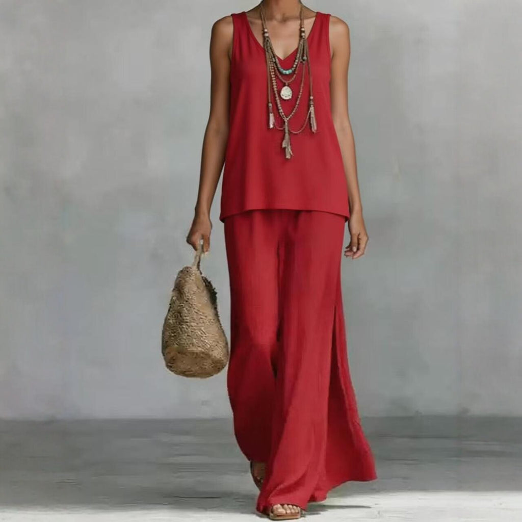 Women's bohemian wide-leg pants and V-neck vest set with 3D print, casualwear by FitiqueFit, shown on a model.