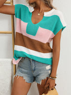 Women's striped notched neck short sleeve knit sweater by Trendsi, featuring casual chic style and comfortable knit fabric.