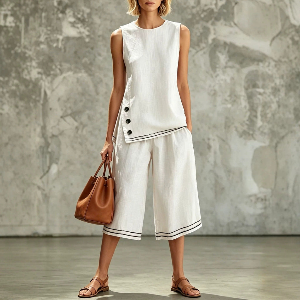 Women's tank top and wide-leg pants set by Plush Fashion Hub with side splits, pockets, and button details.